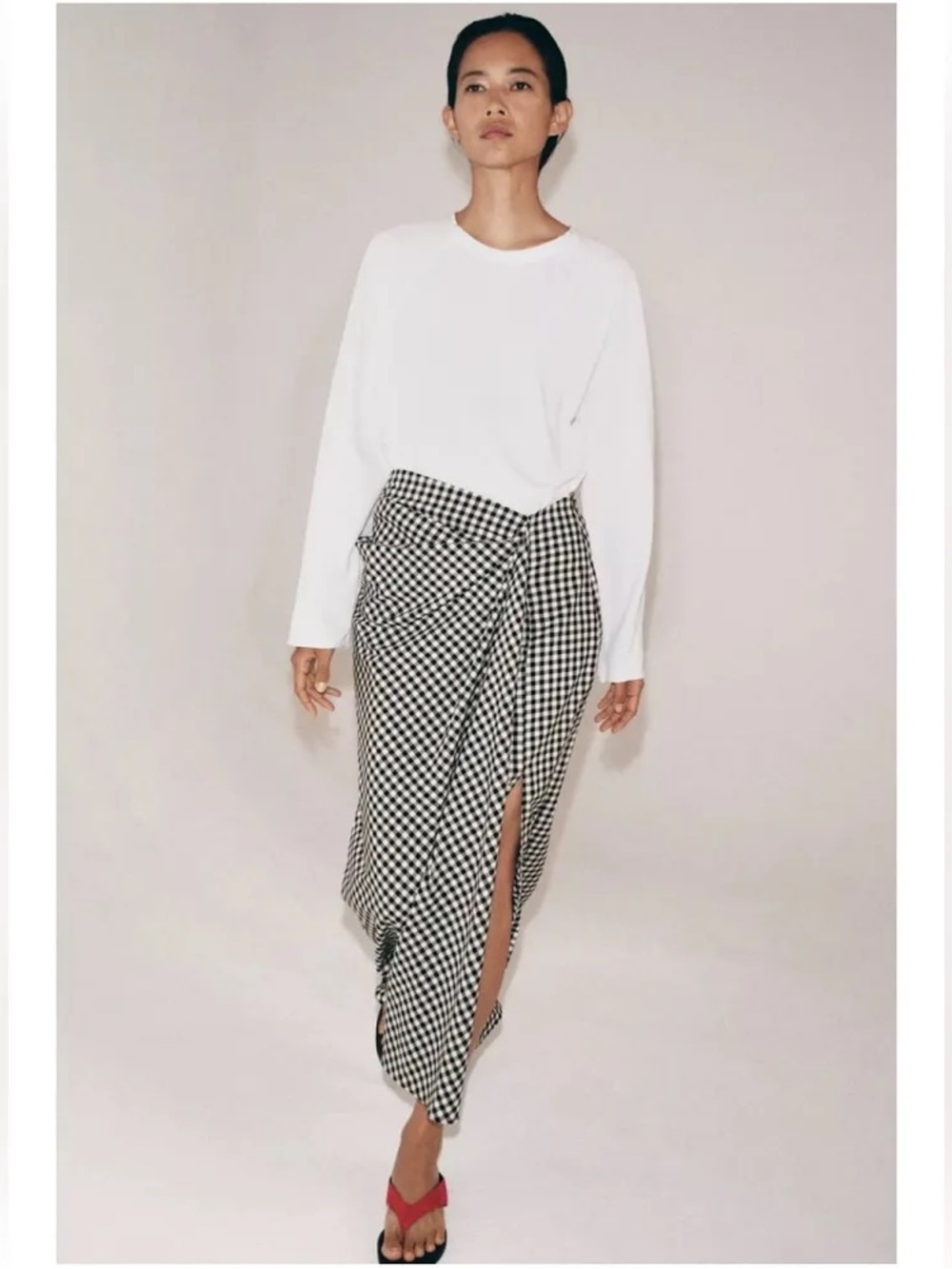 NWOT Zara Drapes Gingham Midi Skirt with Side Slit - Black/White